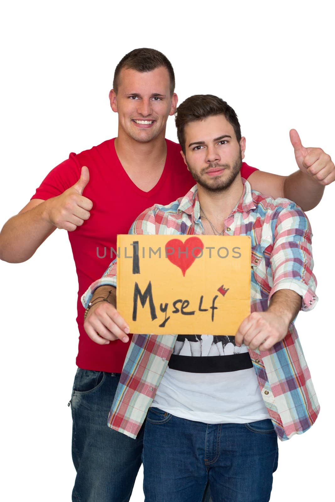 Two Friends Enjoying Time Together And Holding Sign Saying I Love Myself