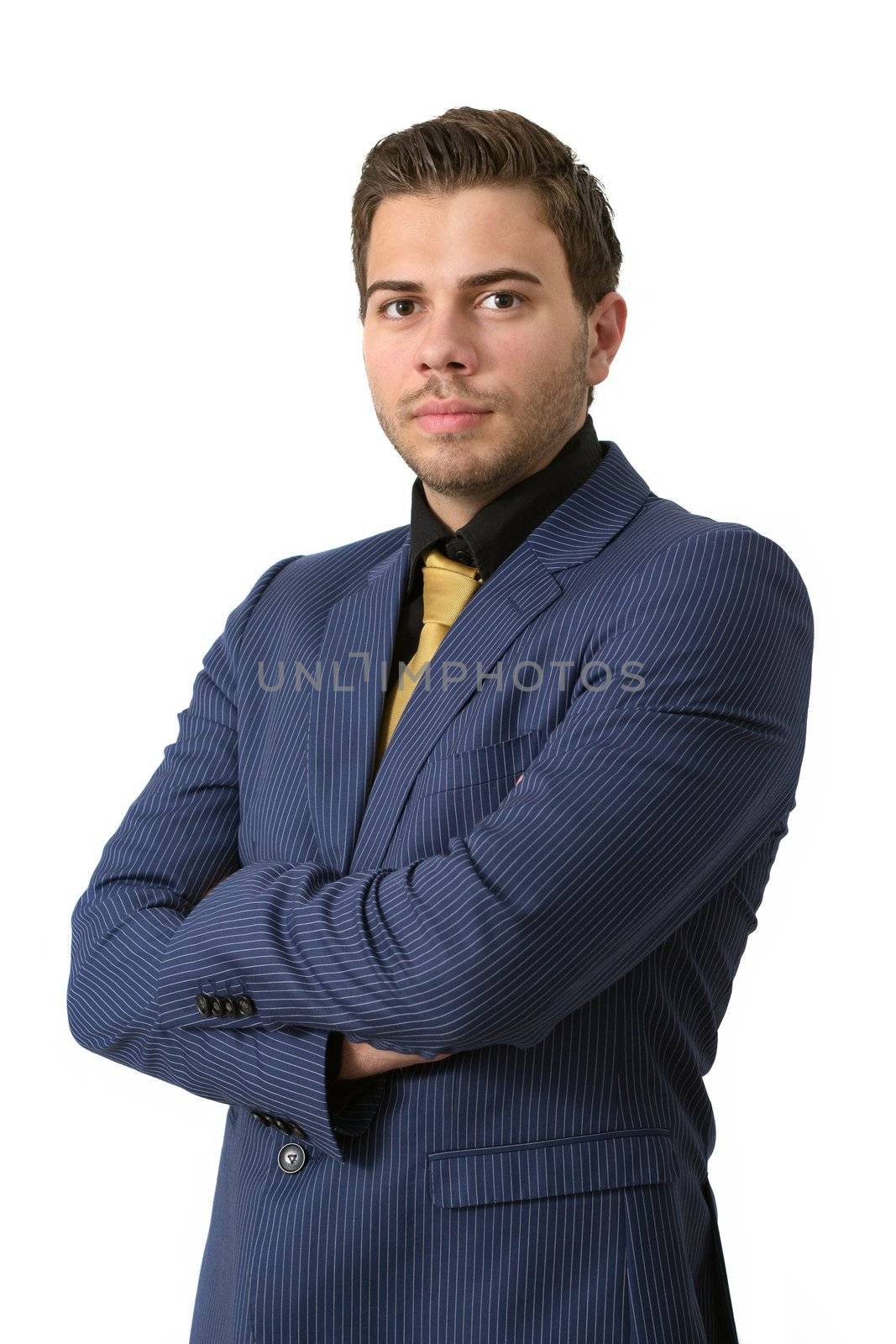 A young strict businessman in a Blue suit with a golden tie