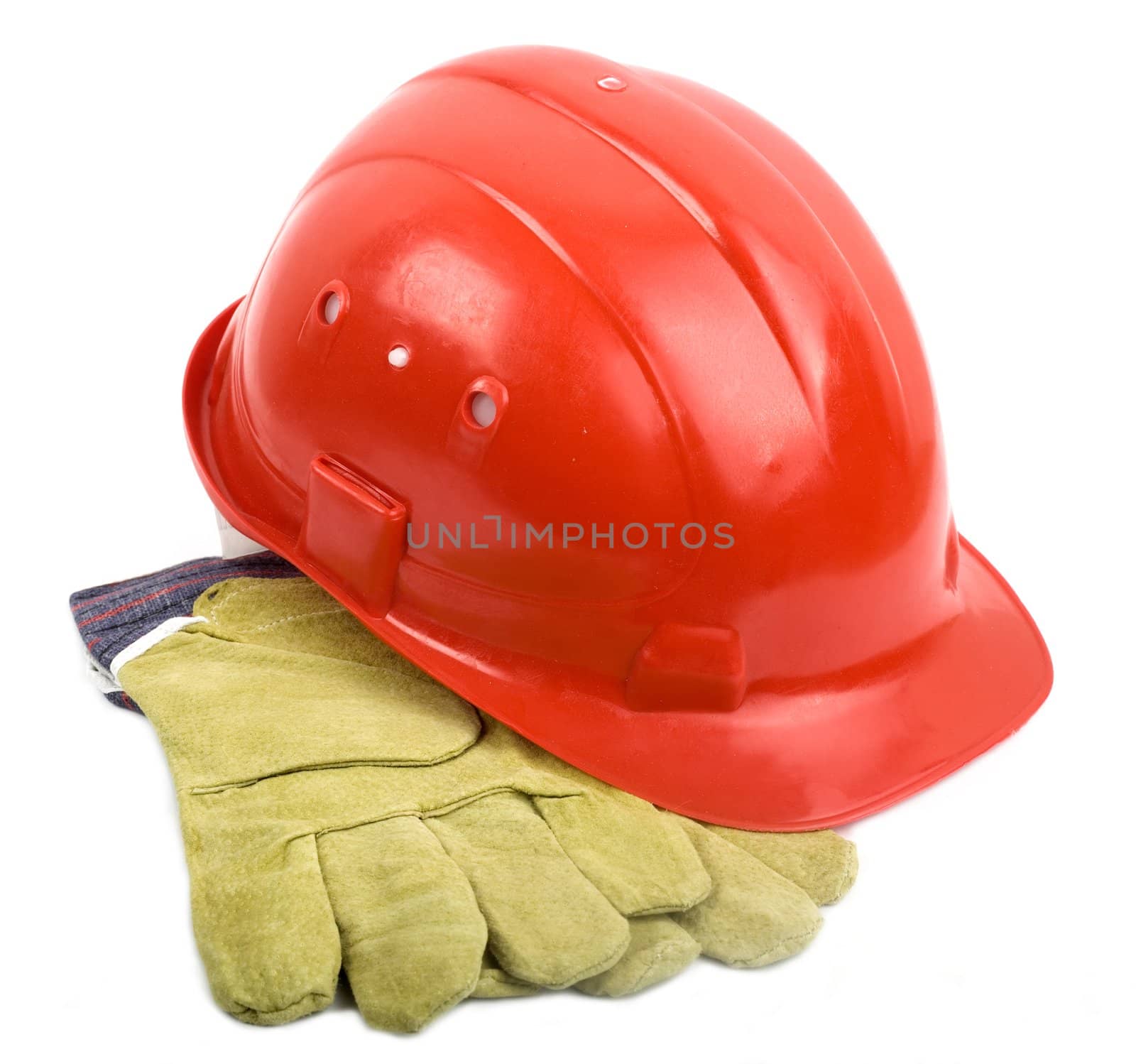 An image of red helmet and mitten isolated on white