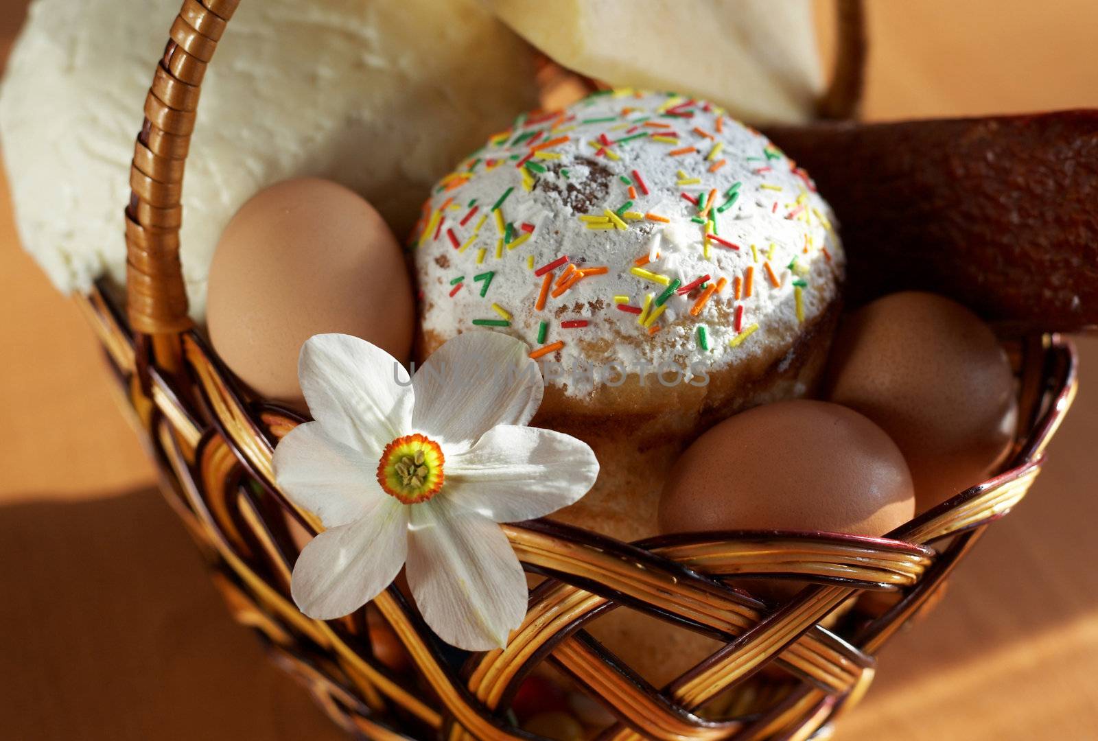 Cheese and sausage, eggs and Easter cake in a basket
