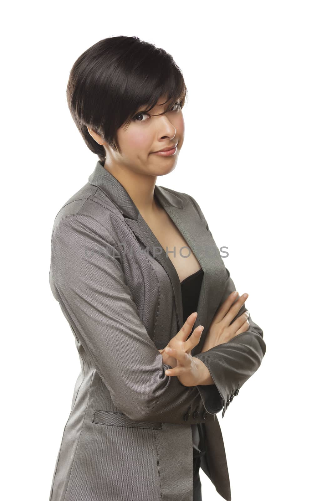 Pretty Mixed Race Young Adult with Funny Expression Isolated on a White Background.