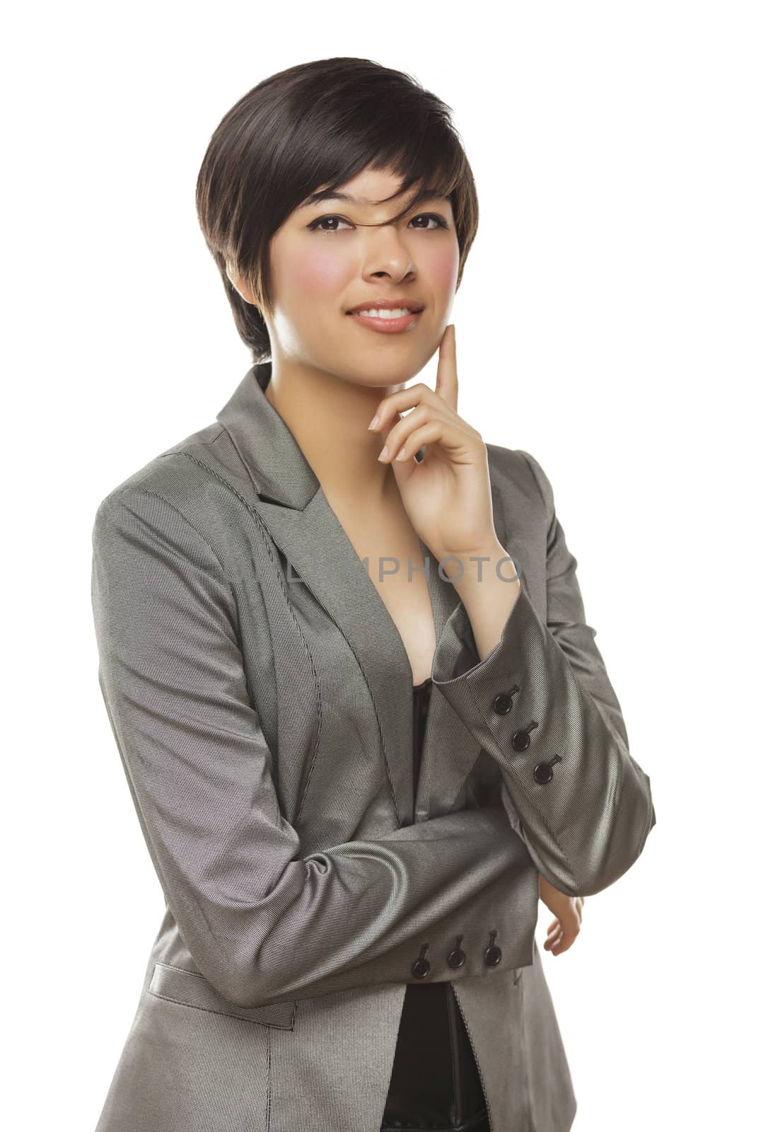 Pretty Mixed Race Young Adult Female Smiles Isolated on a White Background.