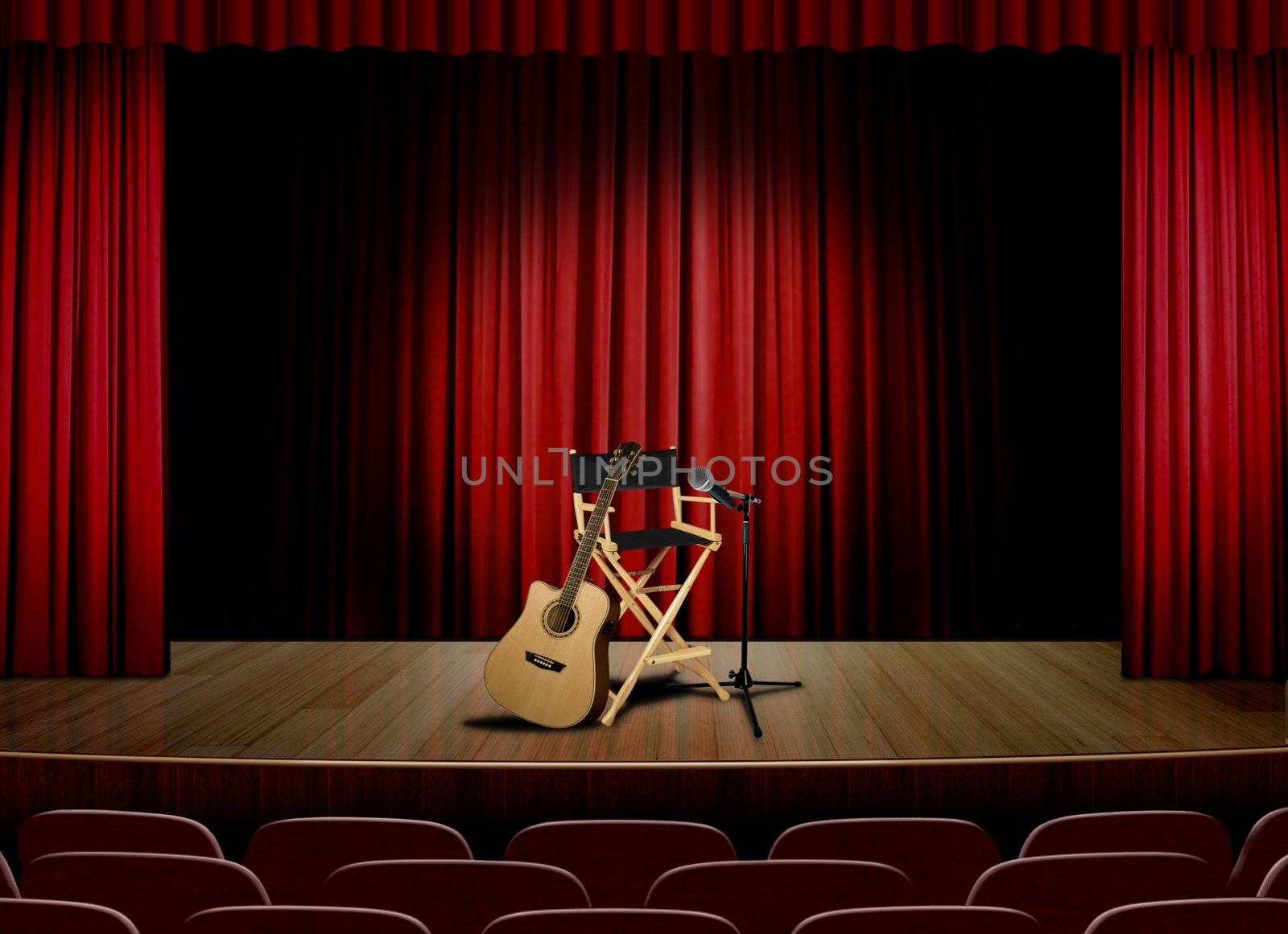 unplug guitar and chair ready for  concert on stage