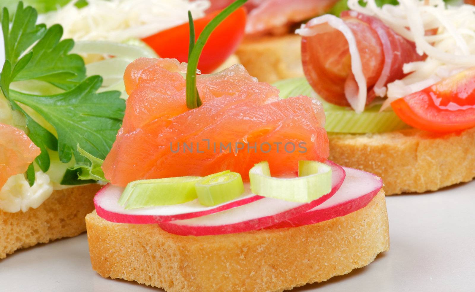 Appetizer of Smoked Salmon with Radish and Greens on gray plate and appetizers background