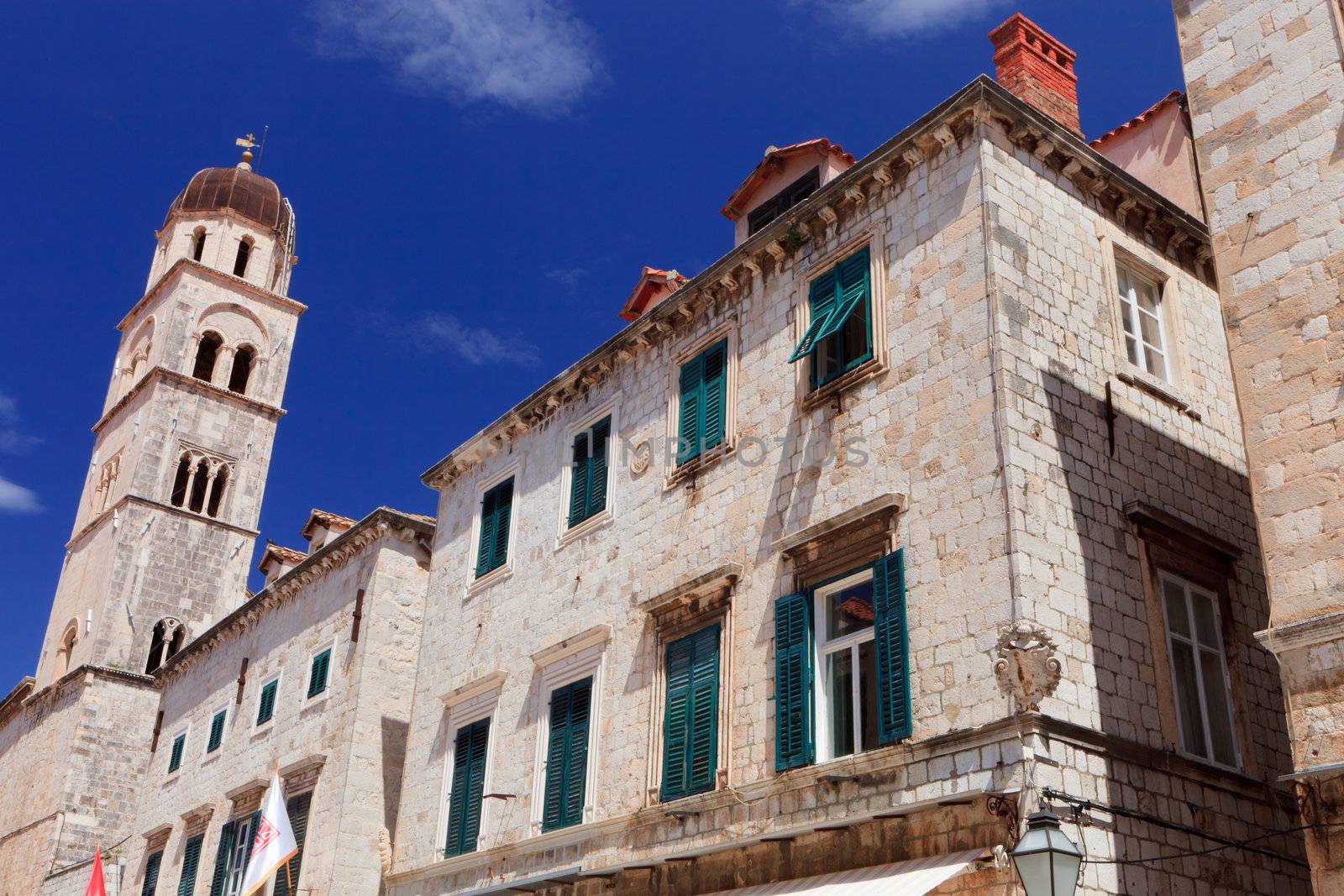 Church bell tower and buildings in Dubrovnik old town Croatia