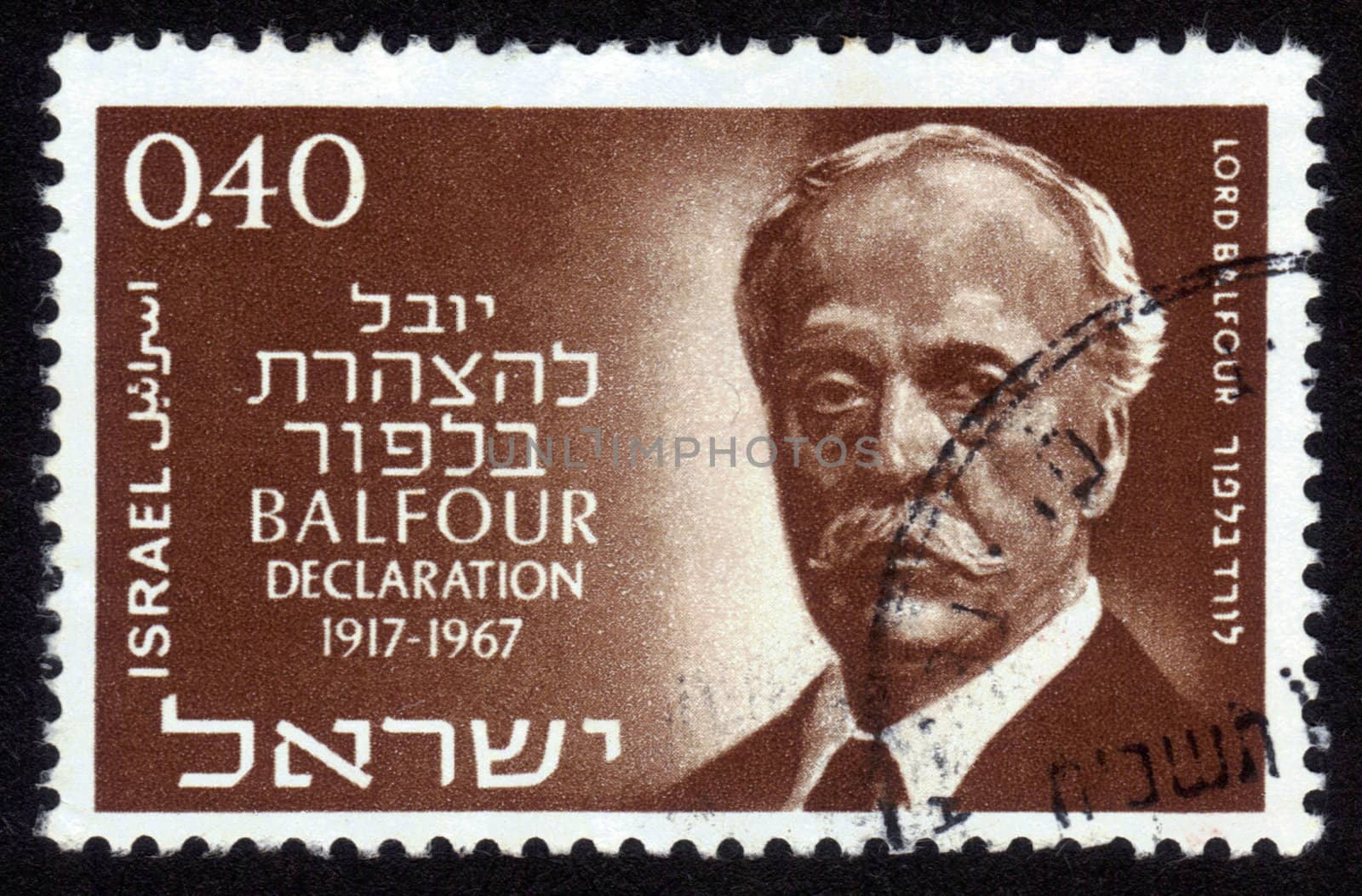 ISRAEL - CIRCA 1967: A stamp printed in ISRAEL shows portrait of Lord Arthur James Balfour, British Foreign Secretary, devoted to the 50th anniversary of the Balfour Declaration, circa 1967