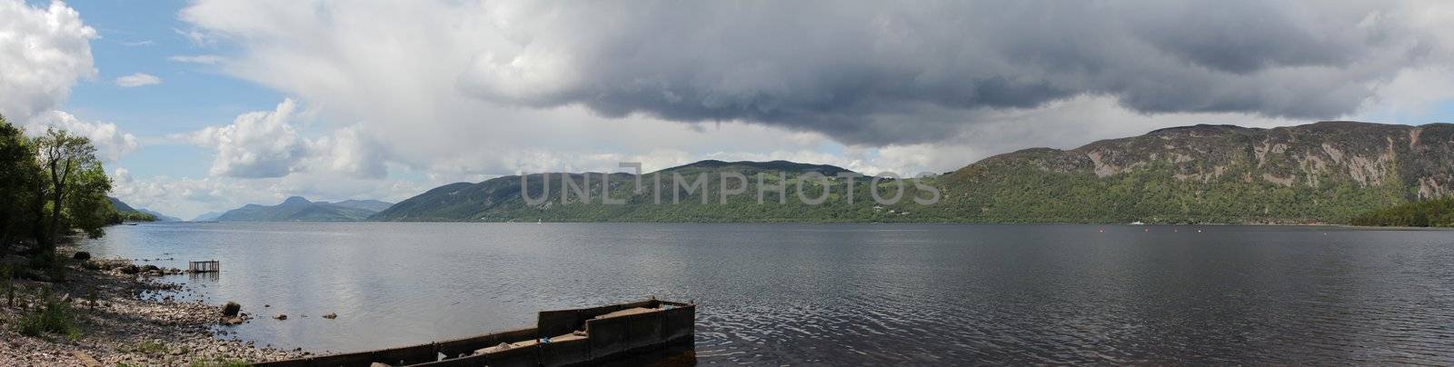 Panoramic photo of the famous Loch Ness, in Scotland. This photo is made attaching together various photos