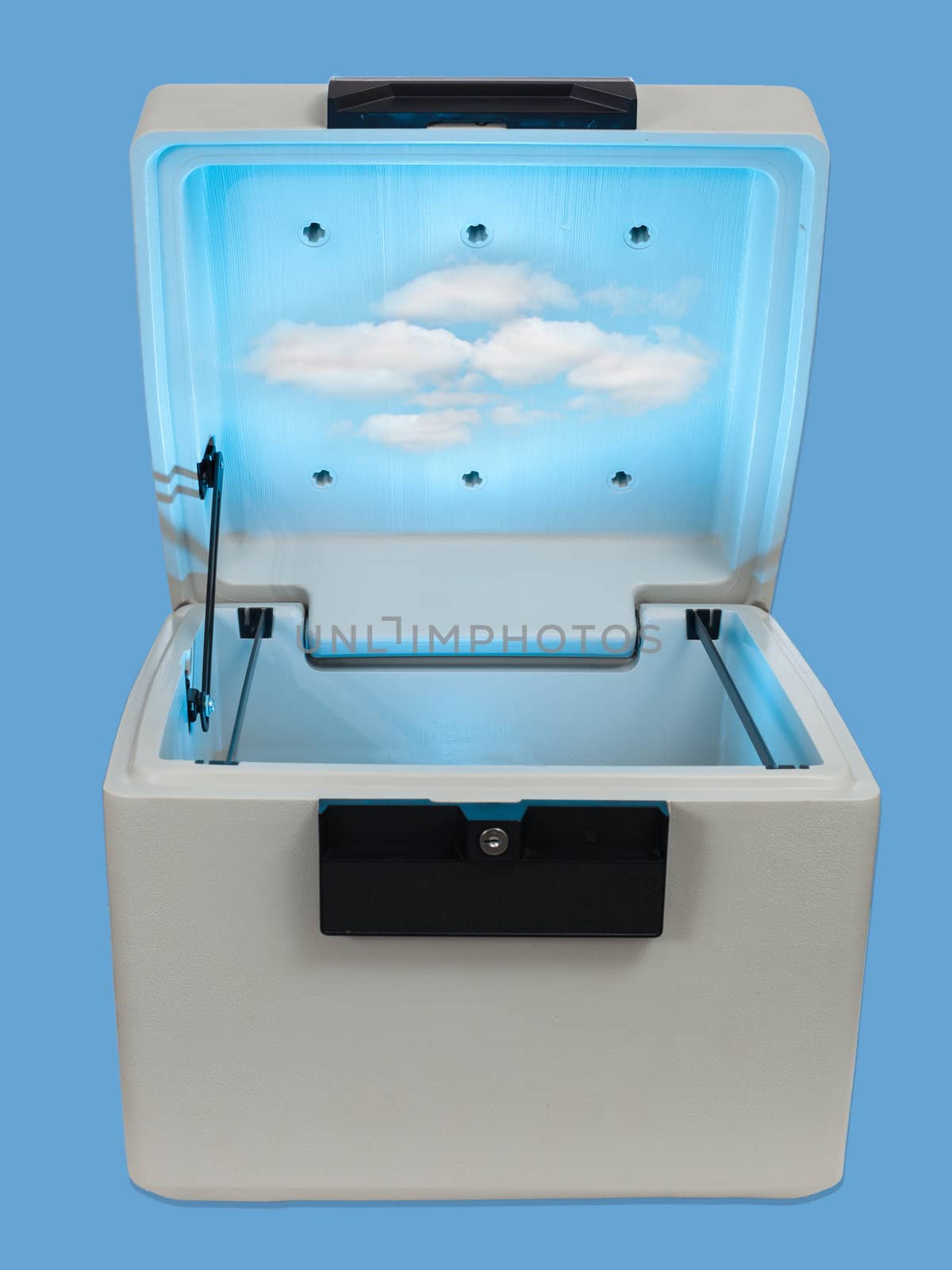 Fire proof safe open and isolated against blue as concept for cloud computing