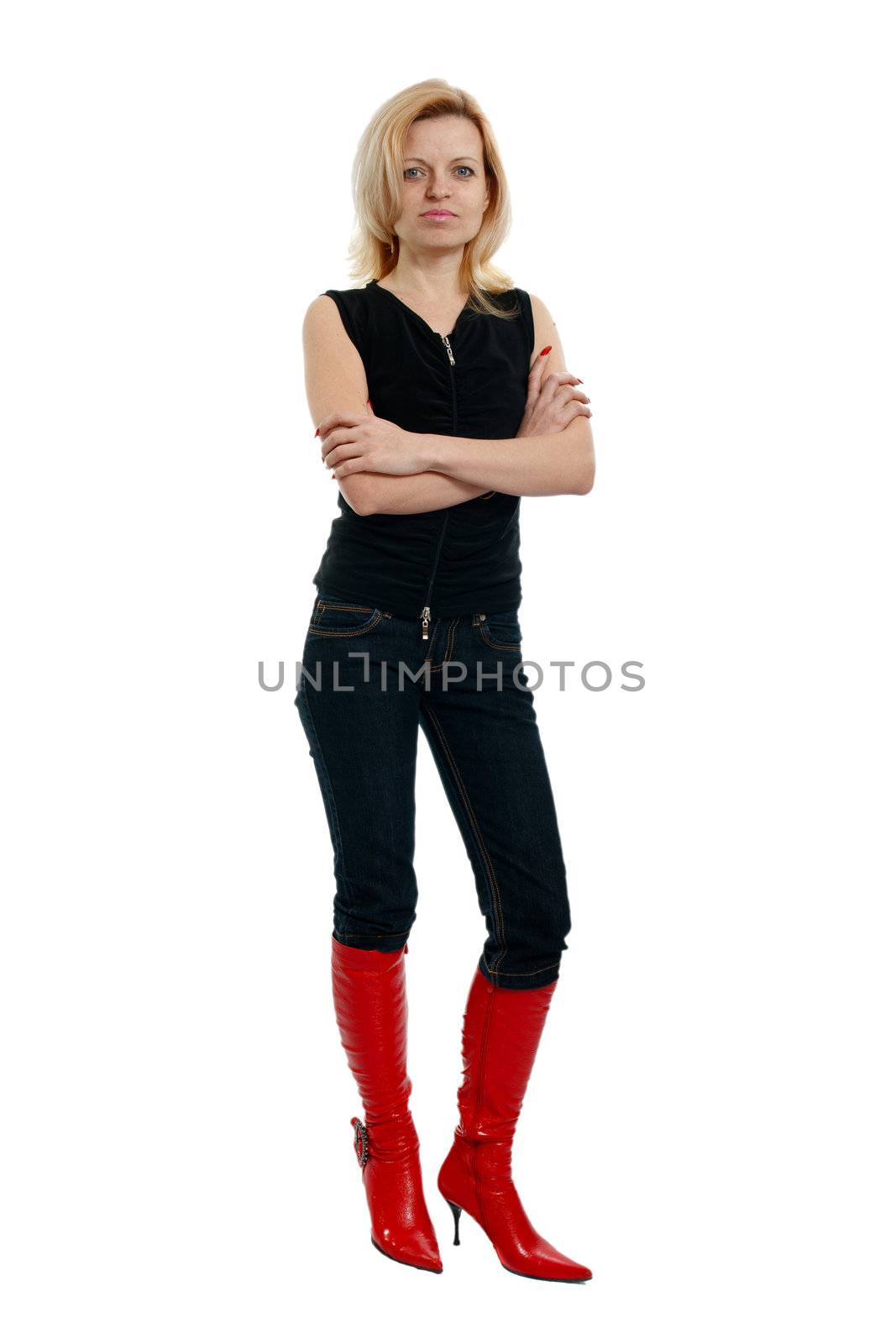 woman in red boots and a black shirt on a white background