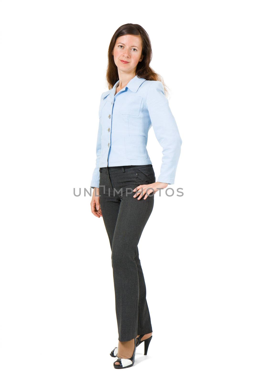 girl in a suit standing on a white background