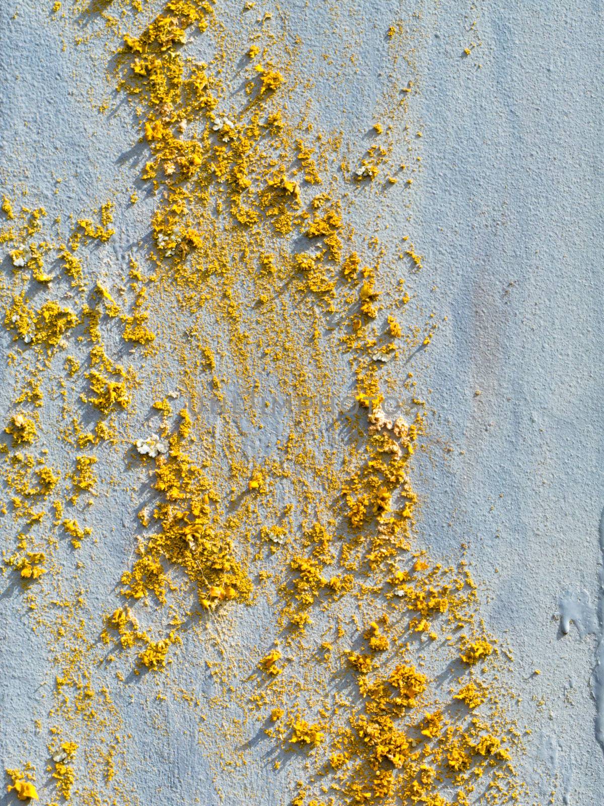 Background texture pattern of loose rust on rough iron metal surface of an painted grey exterior wall in sunshine