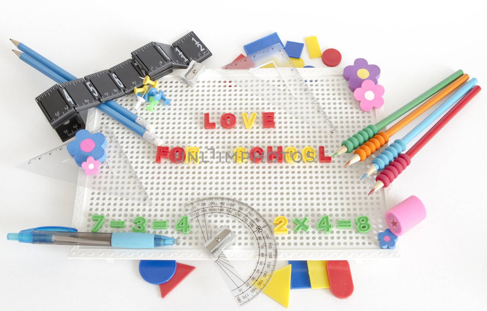 text Love for School on white board with different accessories for school 