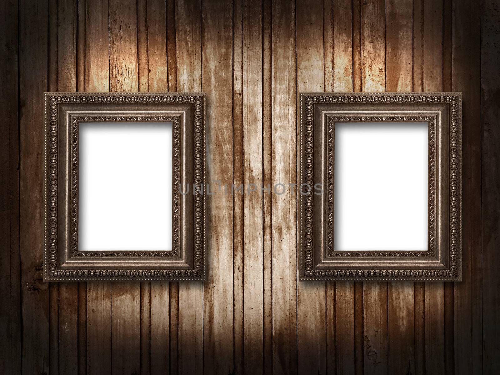 illustration of two picture frames on a wooden background grunge