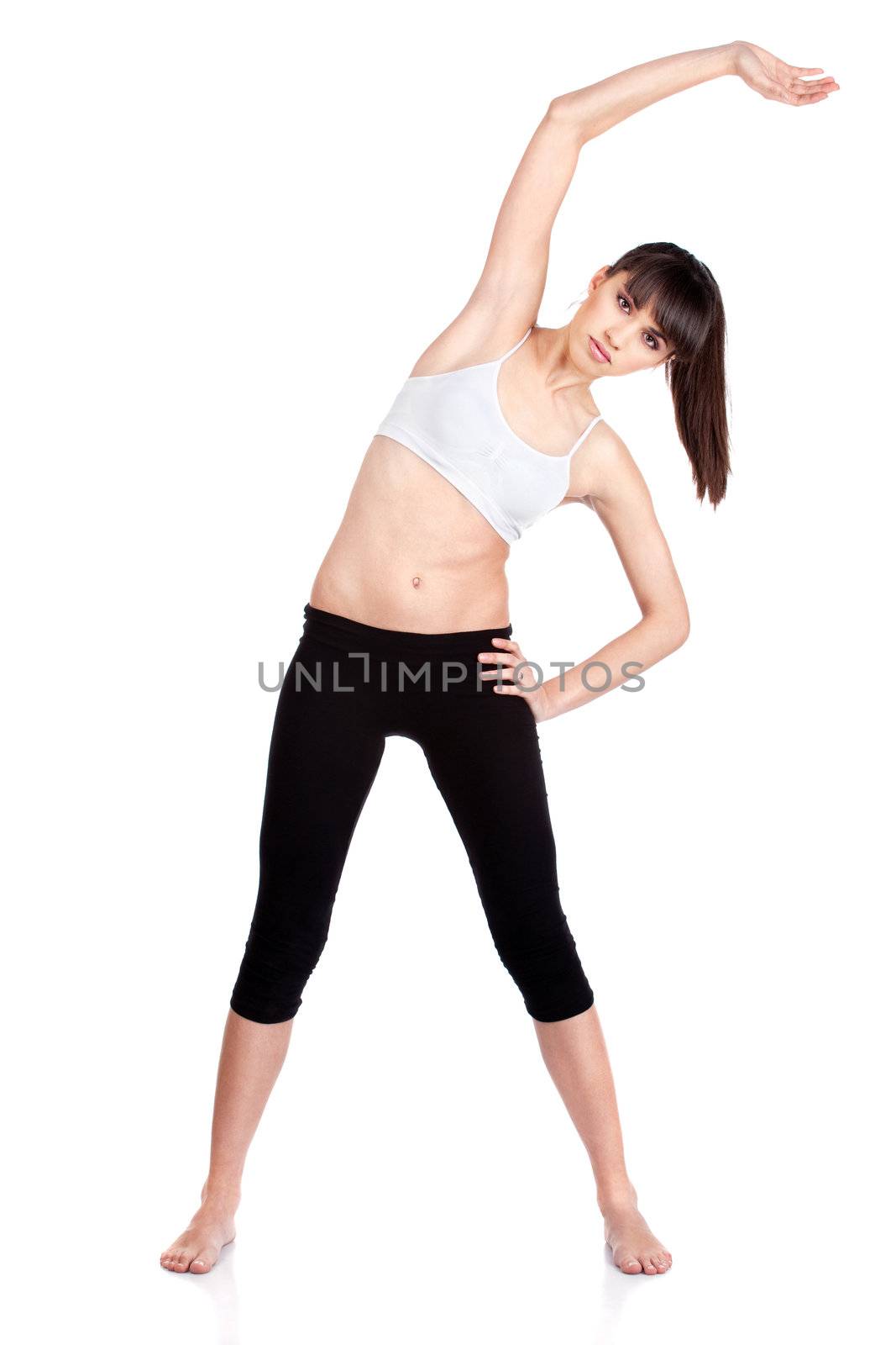 Woman doing extension exercise, isolated on white background