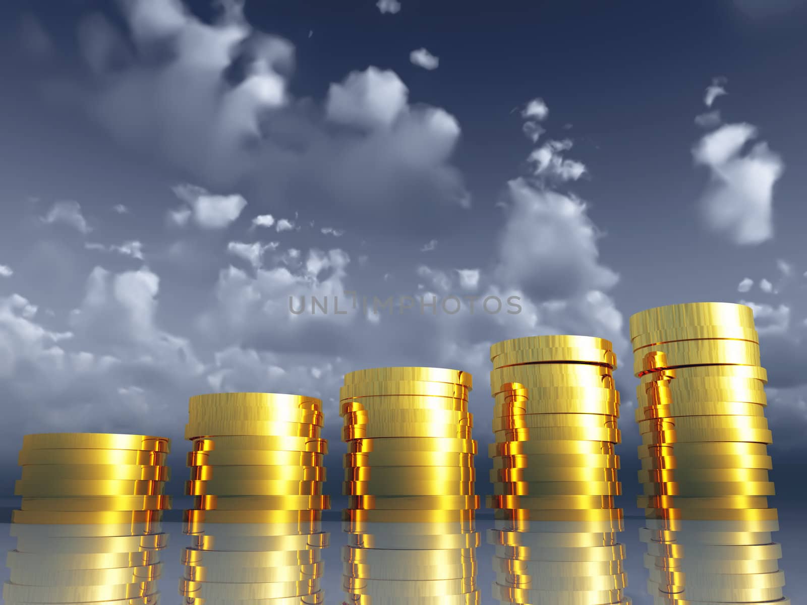 Golden coins on a background of the blue sky