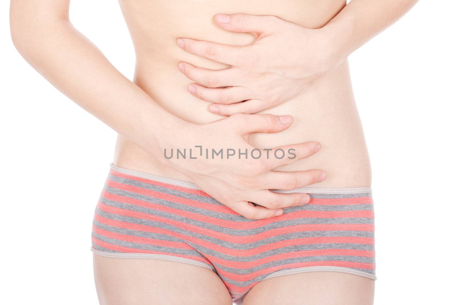 Girl pressing her stomach in pain, isolated on white background