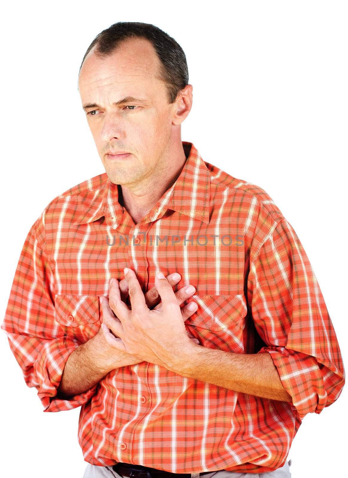 Man have a heart attack, isolated on white background