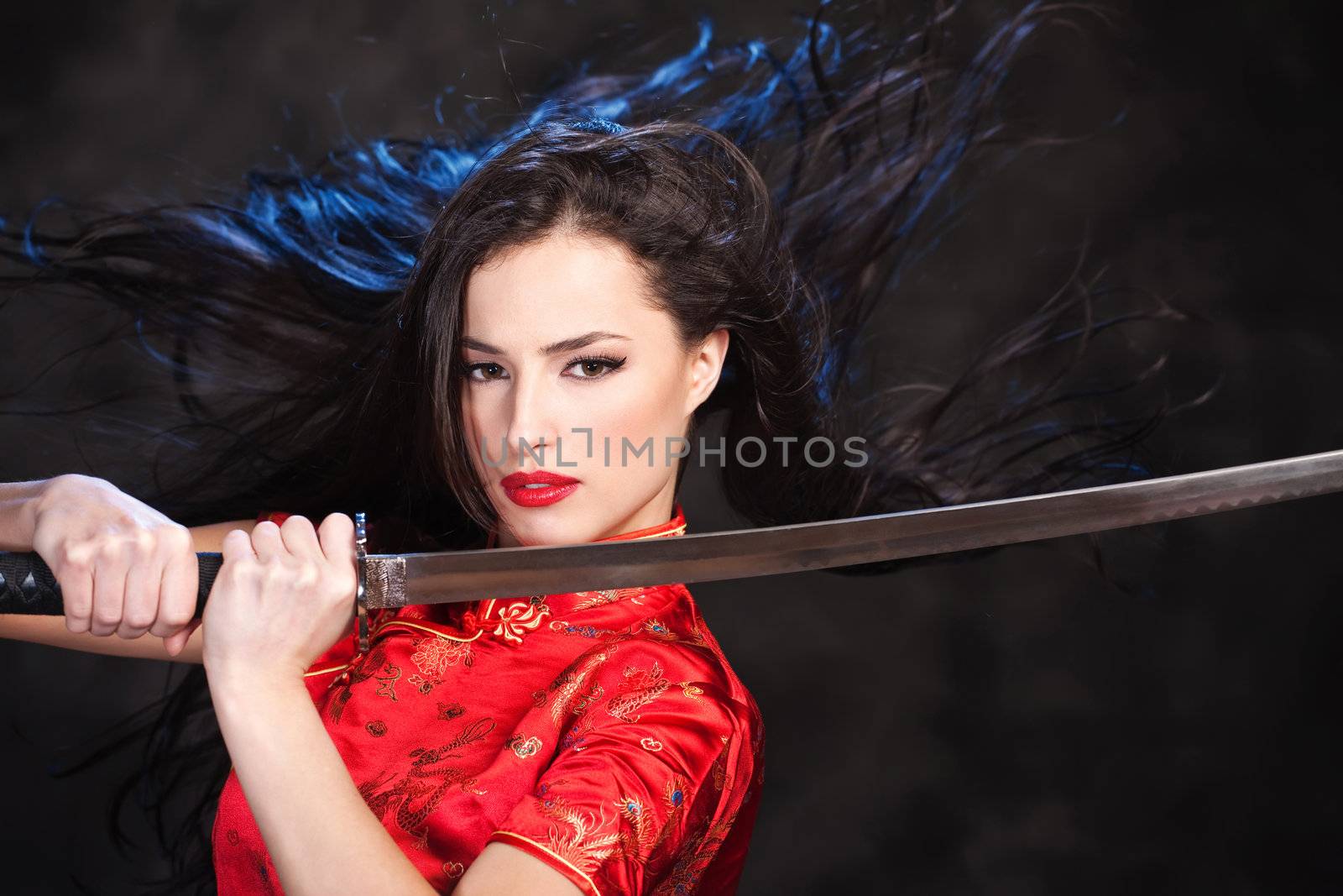 Pretty kimono woman in action with katana/sword by imarin