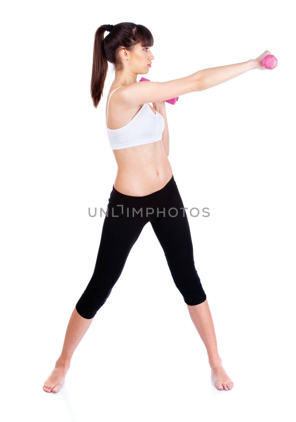 Young woman doing fitness exercises, isolated on white