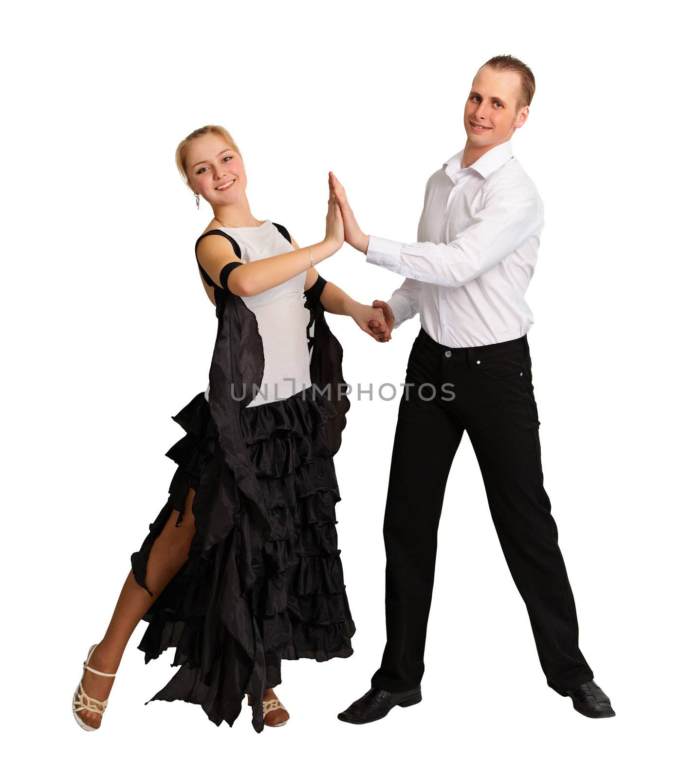 Young couple performs ballroom dance isolated on white background