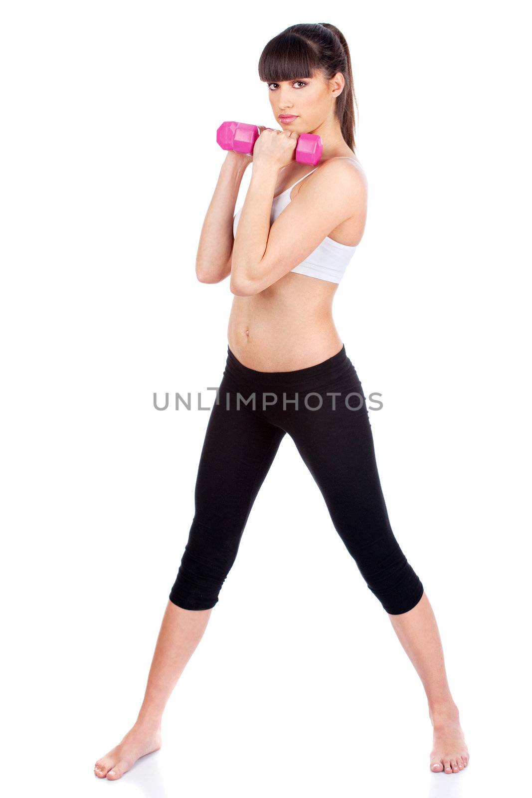 Young woman doing fitness exercises, isolated on white