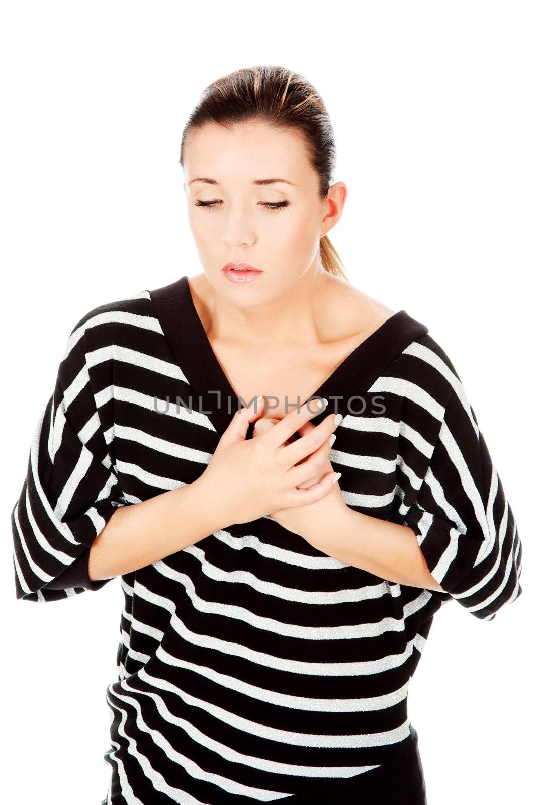 woman having chest pain, isolated on white background