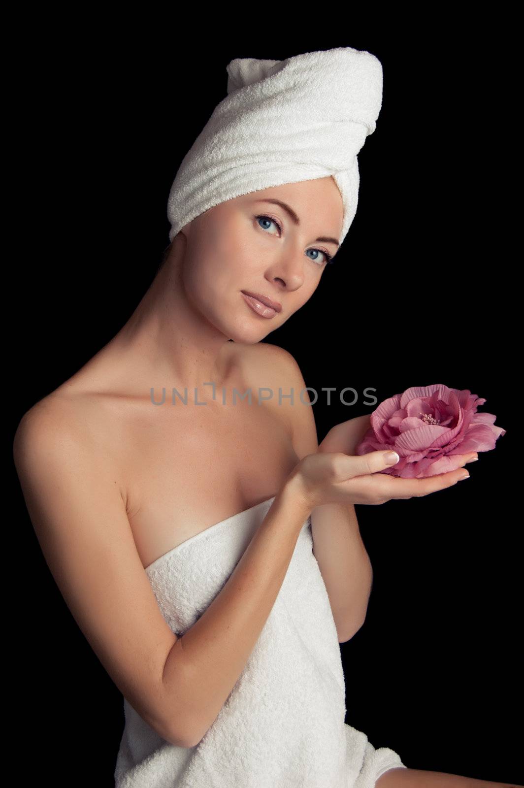 Woman after bath with towel and flower by Angel_a