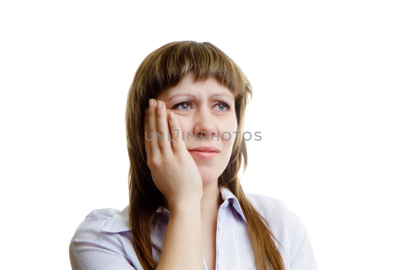 young woman with a toothache on a white background