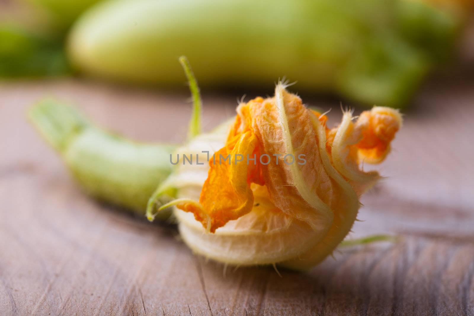 Courgettes with flowers on the wooden background