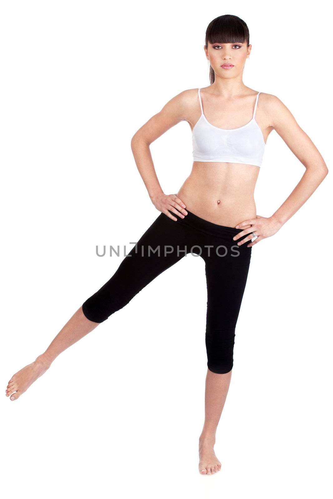 Woman doing exercise, isolated on white