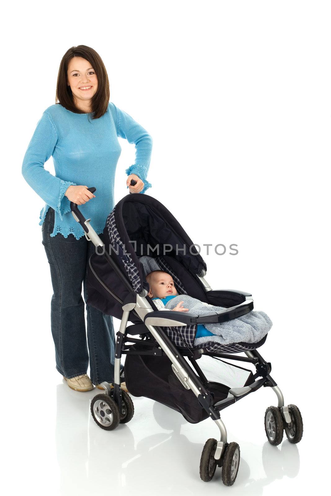 Mother take a walk with baby in pram, Isolated on white background