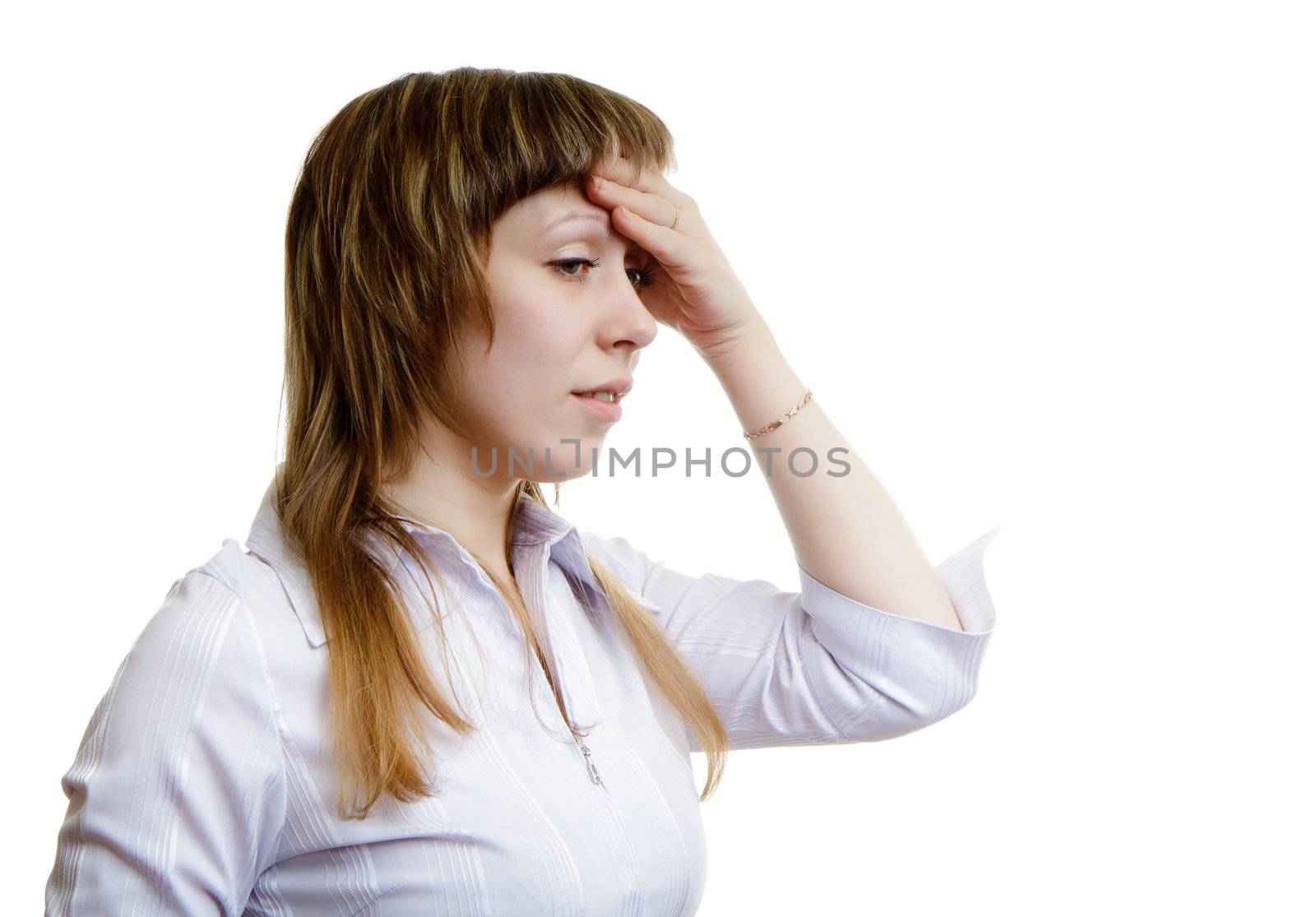 young woman with a headache on a white background