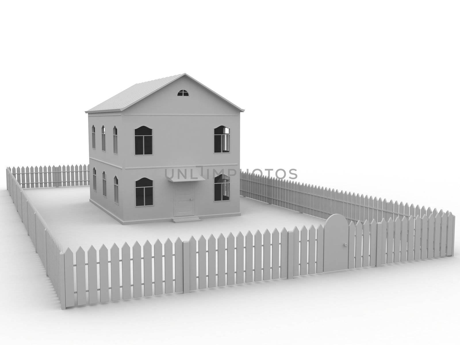 The big gray house behind a fence