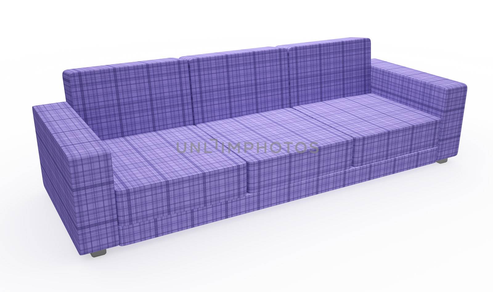 Violet sofa with pillows on a white background