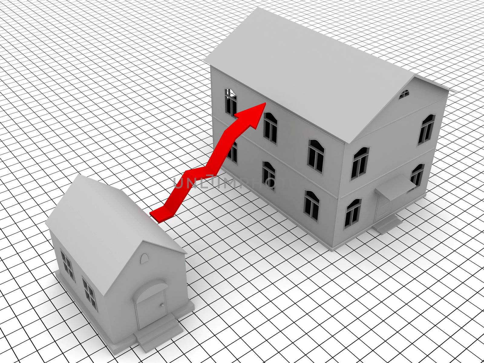 Two houses and red arrow on a white background