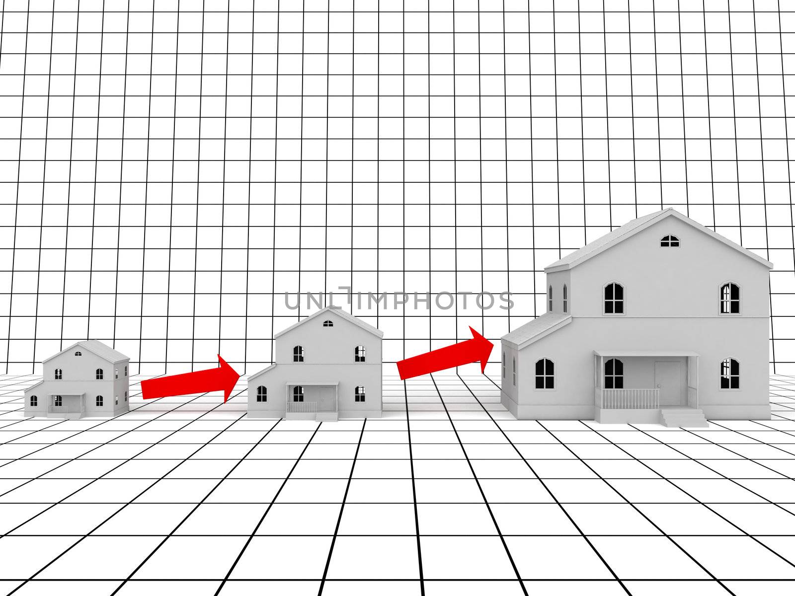 Three houses and red arrow on a white background