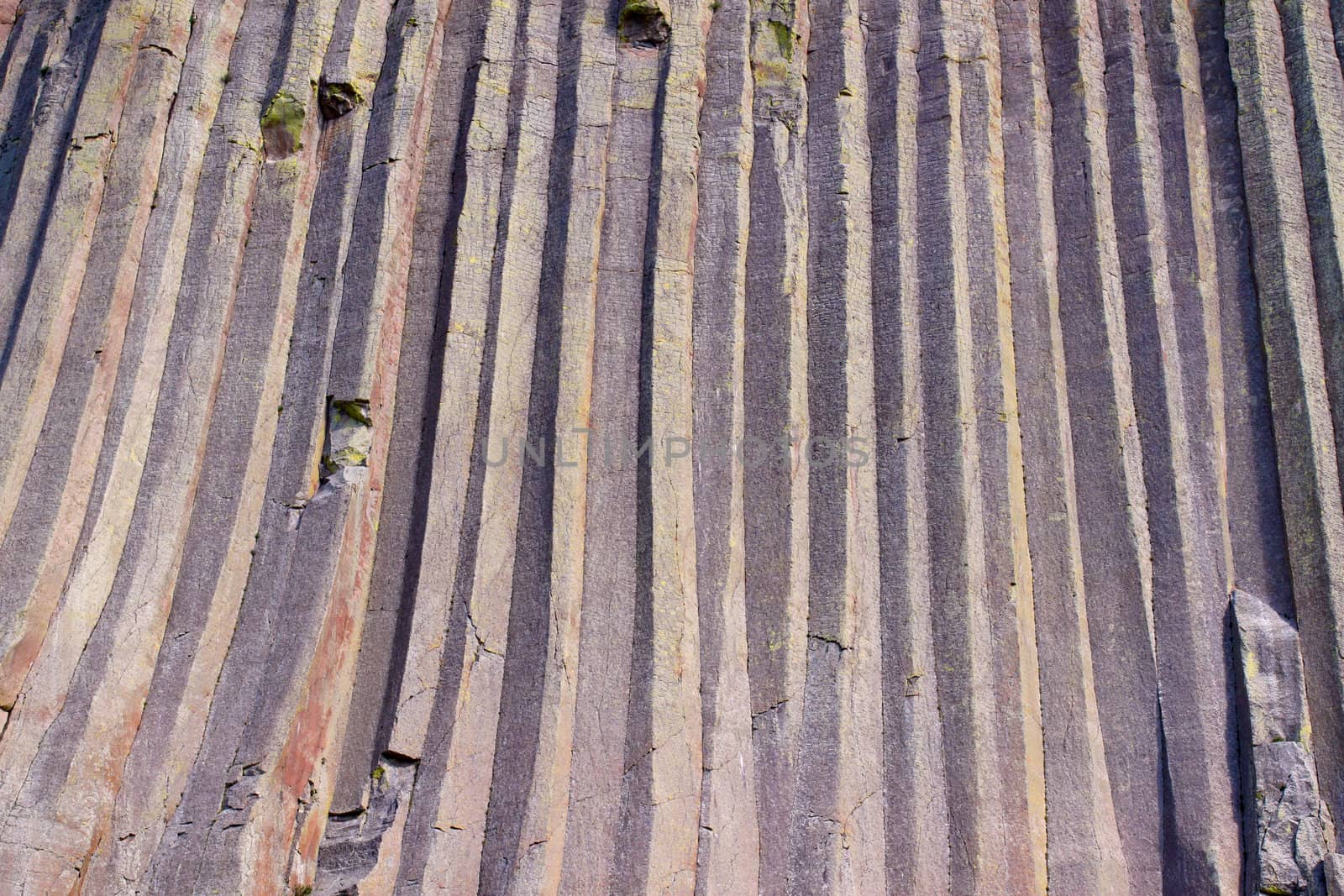 Zoomed in shot of Devils Tower National Monument showing interesting geological features.