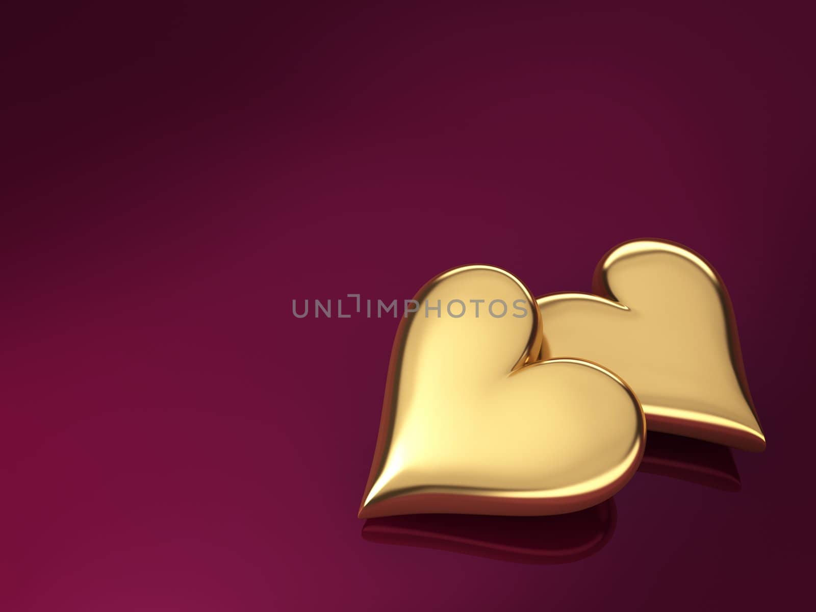 Two gold hearts on a violet background, 3d render