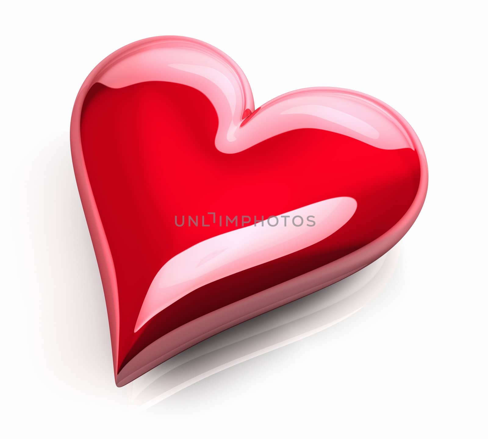 Red glossy heart on a white floor, 3d render