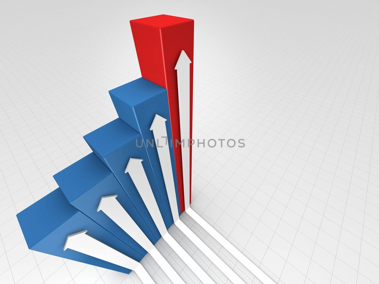 Business chart with white arrows moving up, 3d render