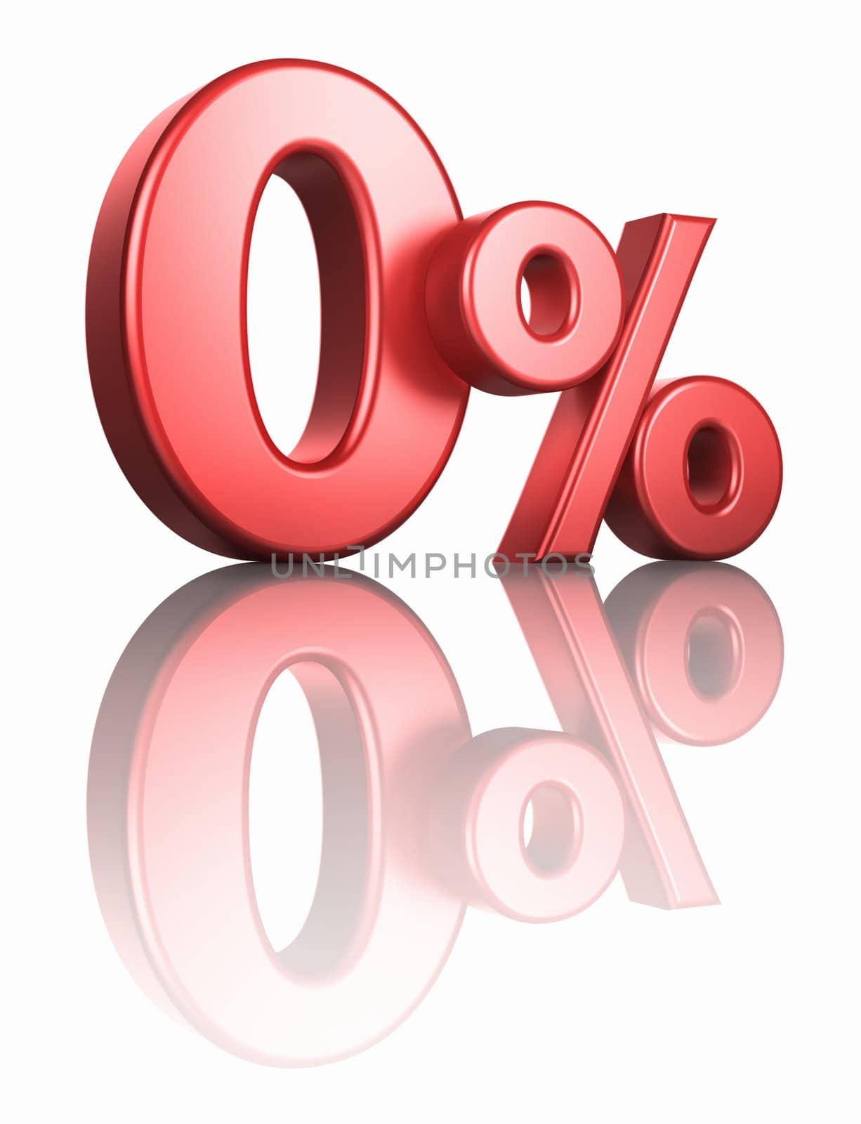 Glossy red zero percent on white background with mirror floor, 3d render 0%