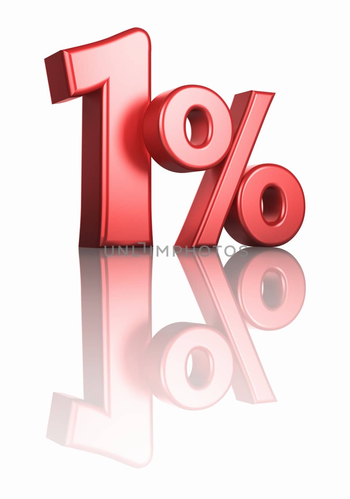 Glossy red one percent on white background with mirror floor, 3d render 1%