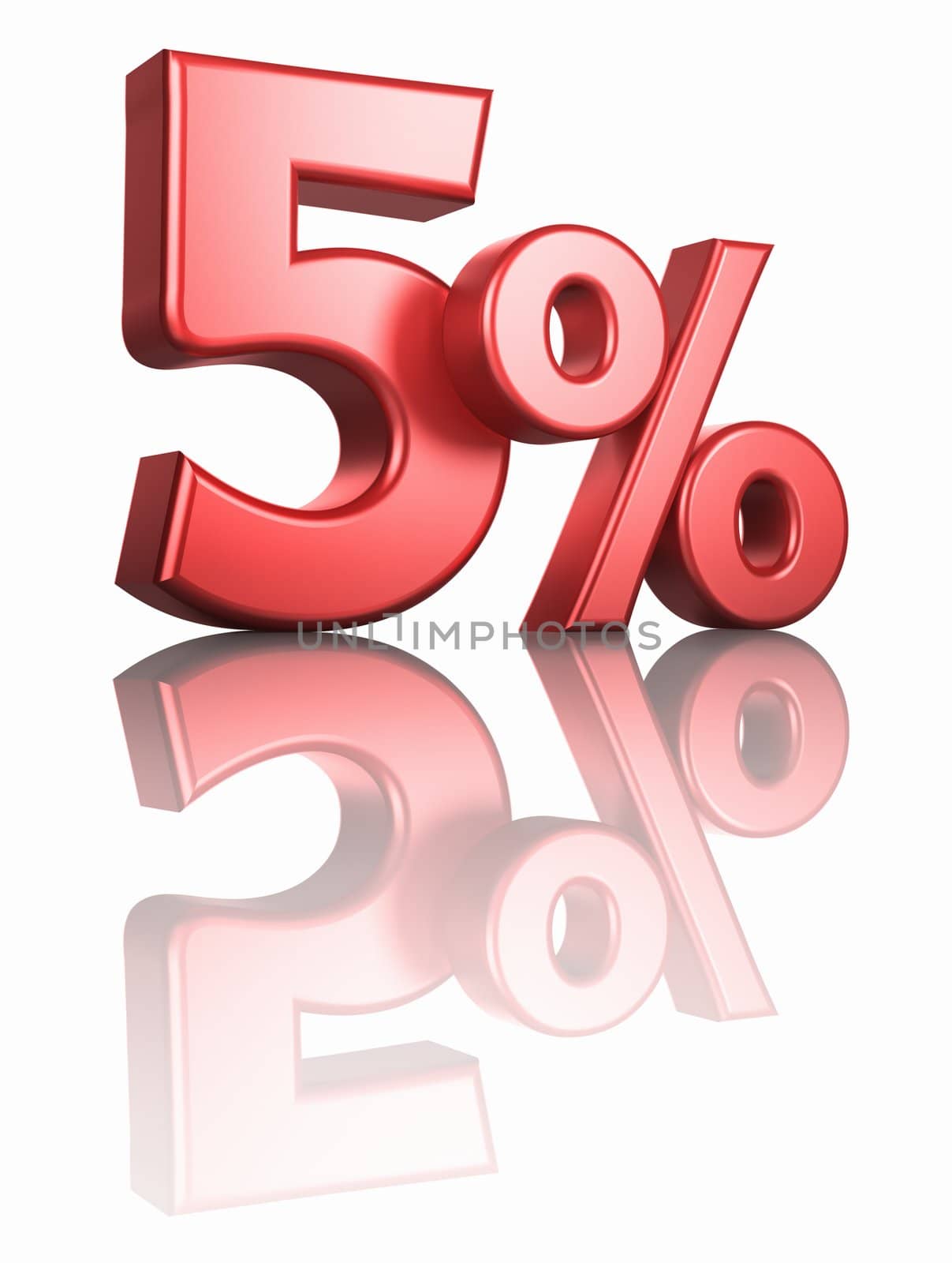 Glossy red five percent on white background with mirror floor, 3d render 5%