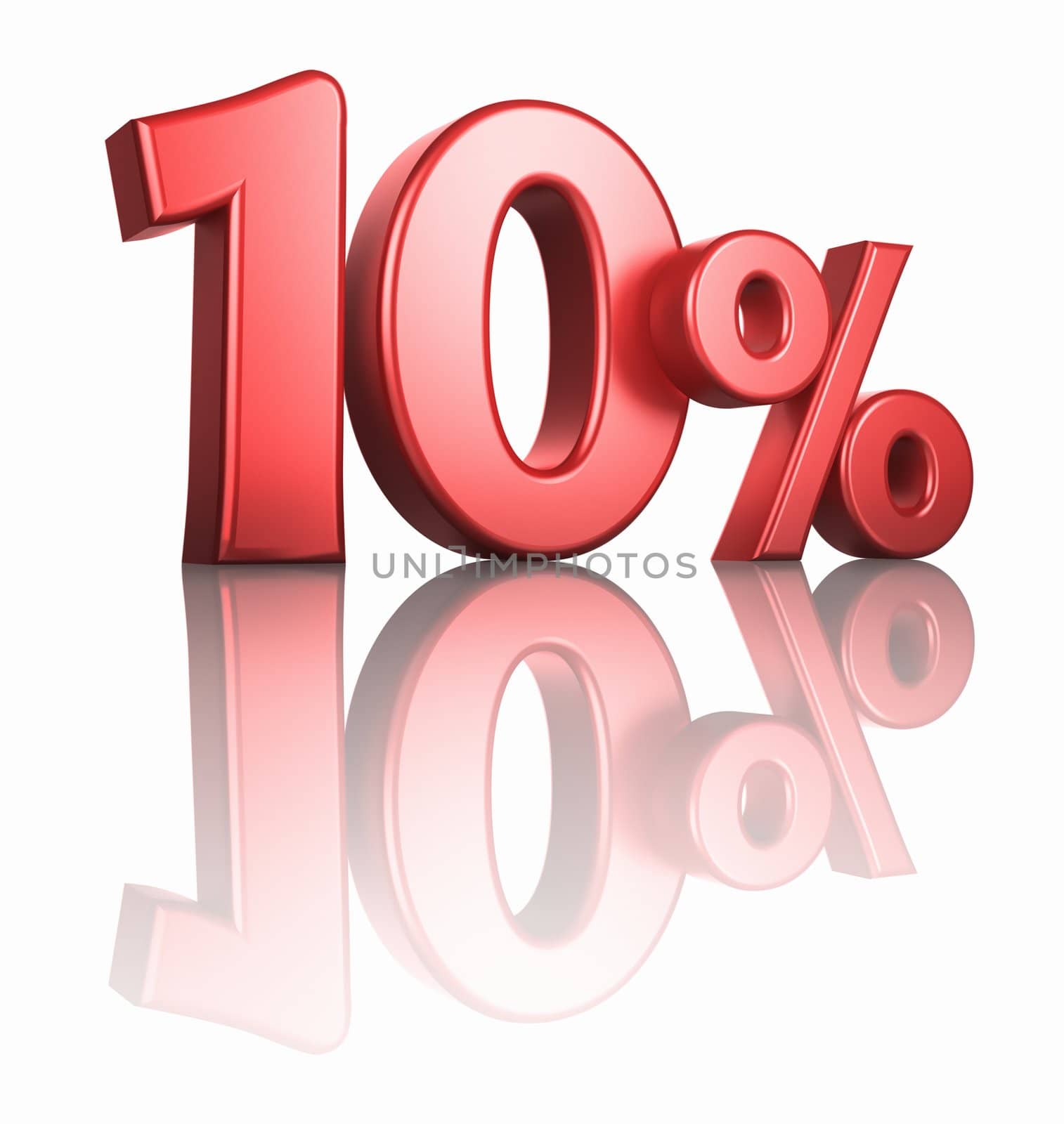 Glossy red ten percent on white background with mirror floor, 3d render 10%