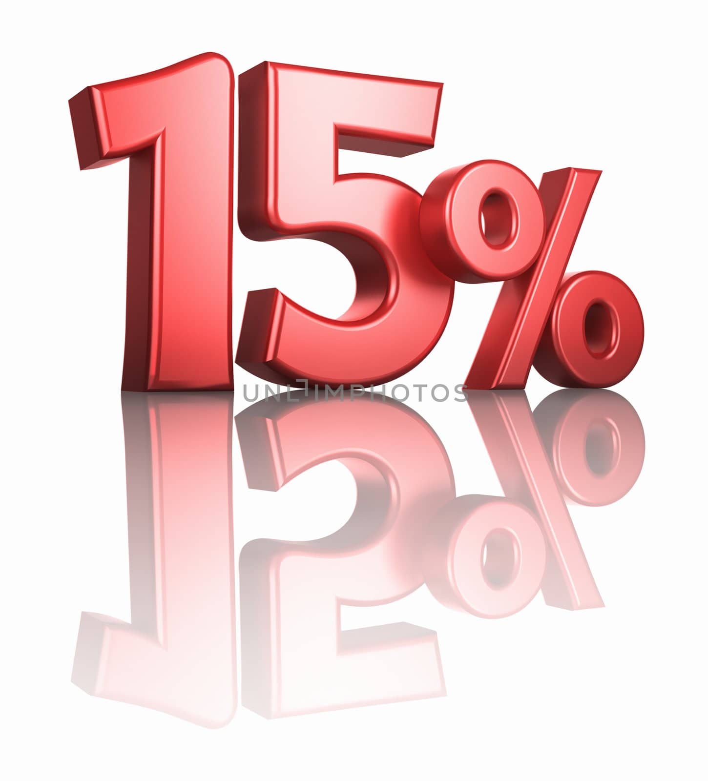Glossy red fifteen percent on white background with mirror floor, 3d render 15%