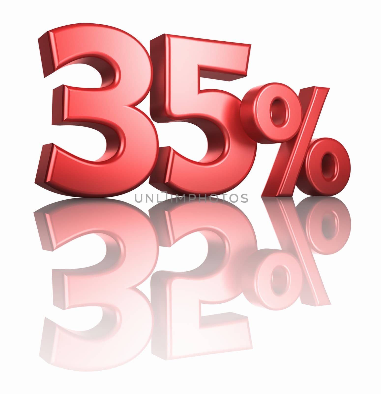 Glossy red thirty five percent on white background with mirror floor, 3d render 35%