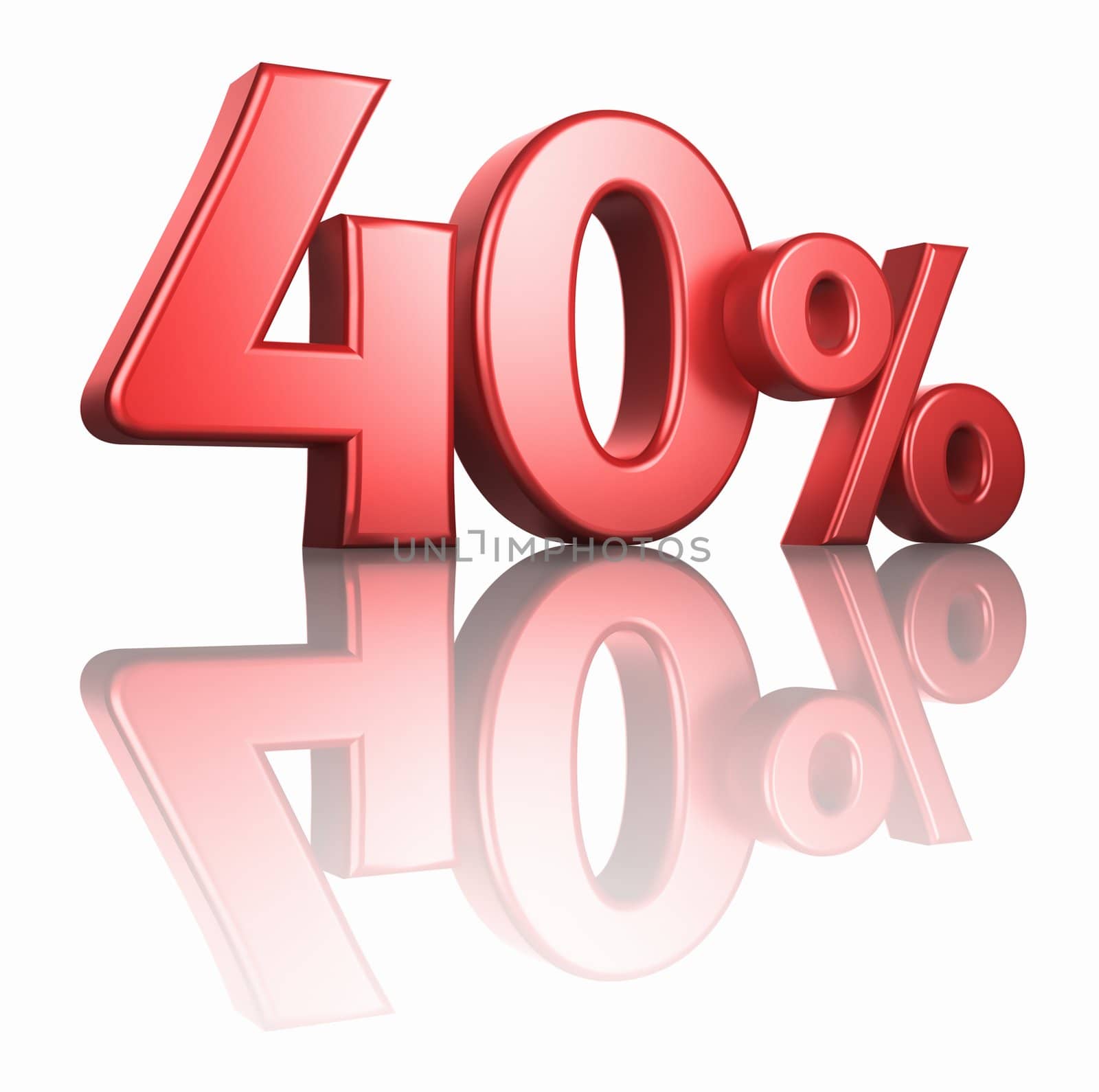 Glossy red forty percent on white background with mirror floor, 3d render 40%
