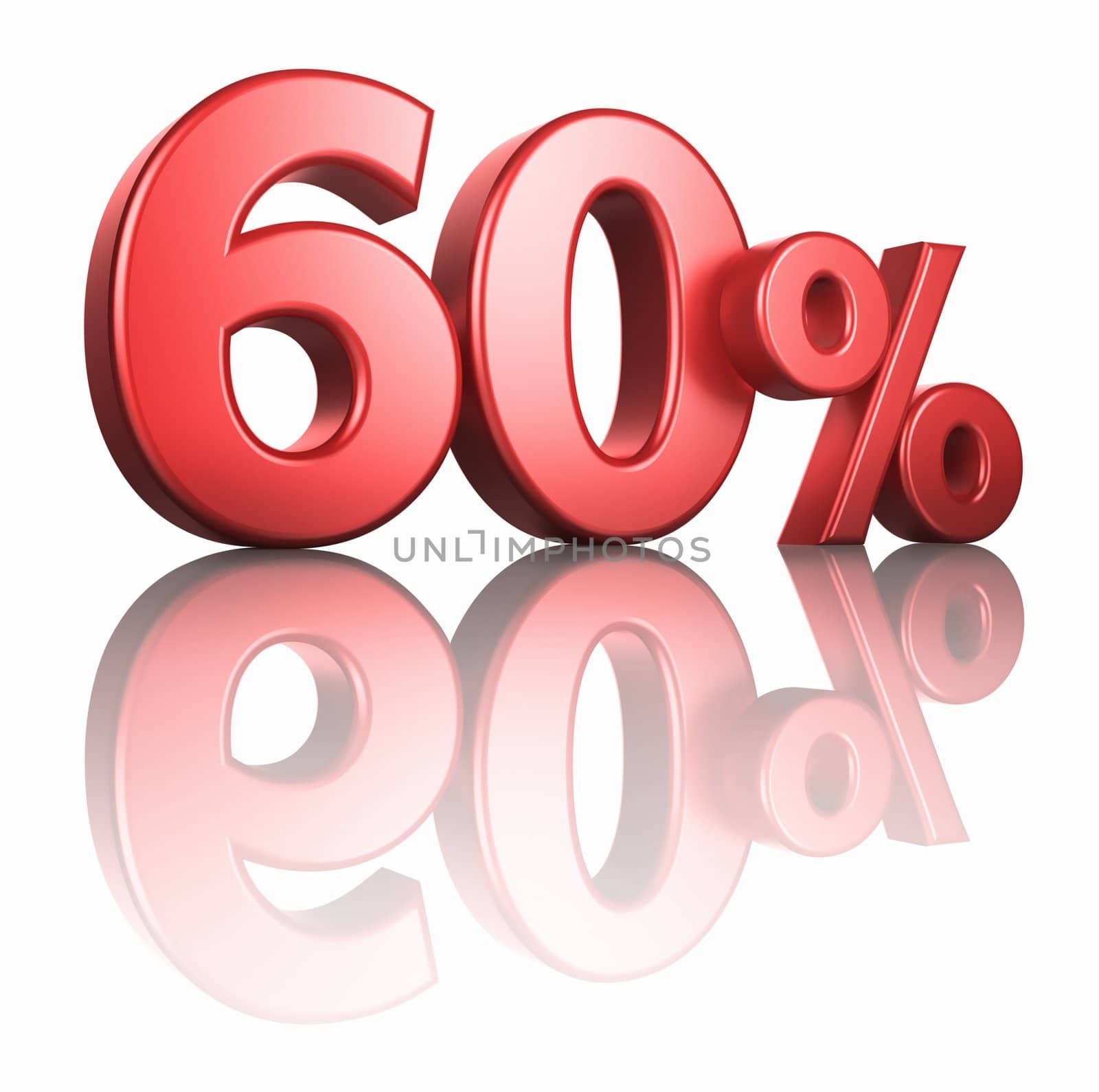 Glossy red sixty percent on white background with mirror floor, 3d render 60%