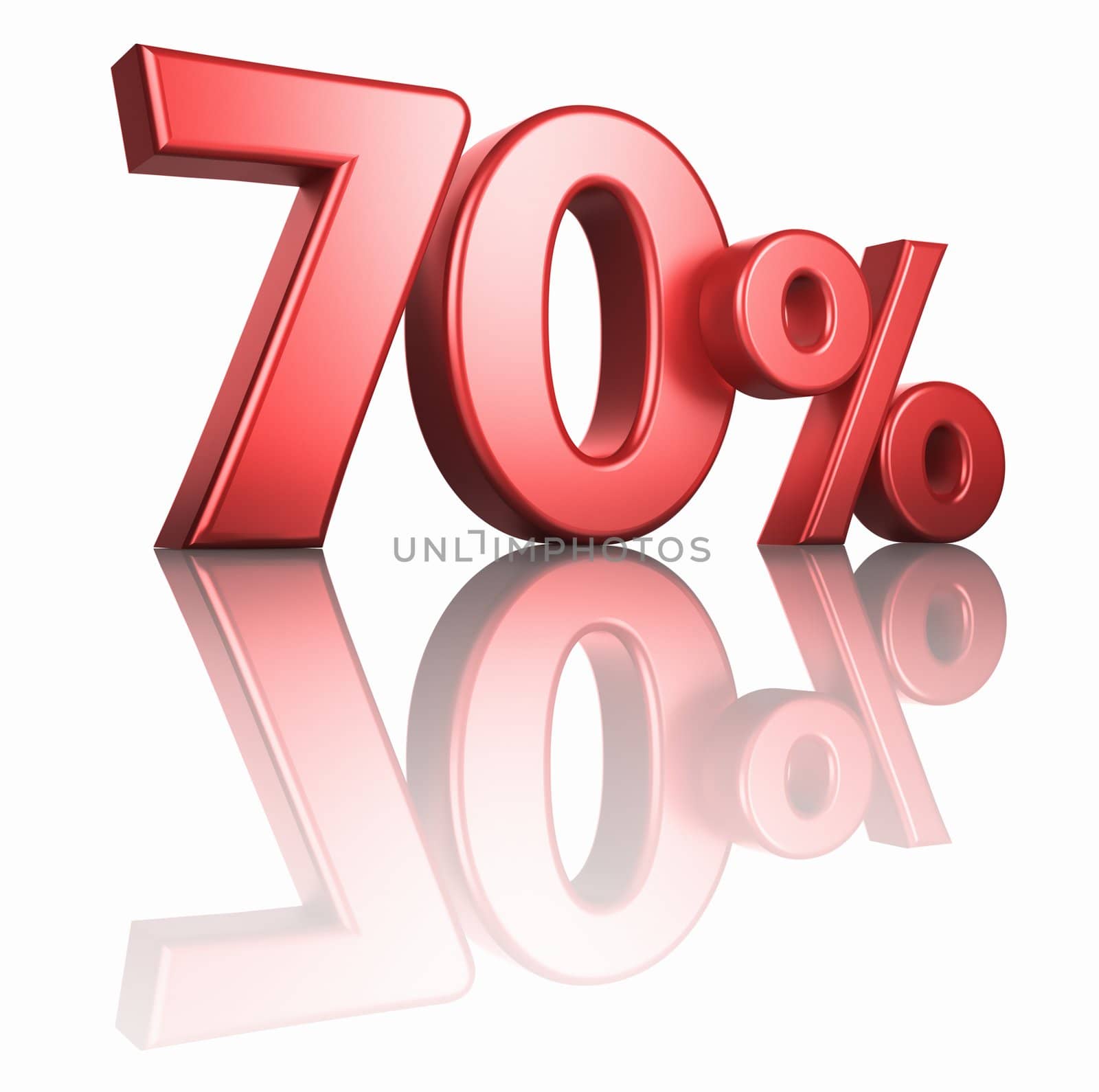 Glossy red seventy percent on white background with mirror floor, 3d render 70%