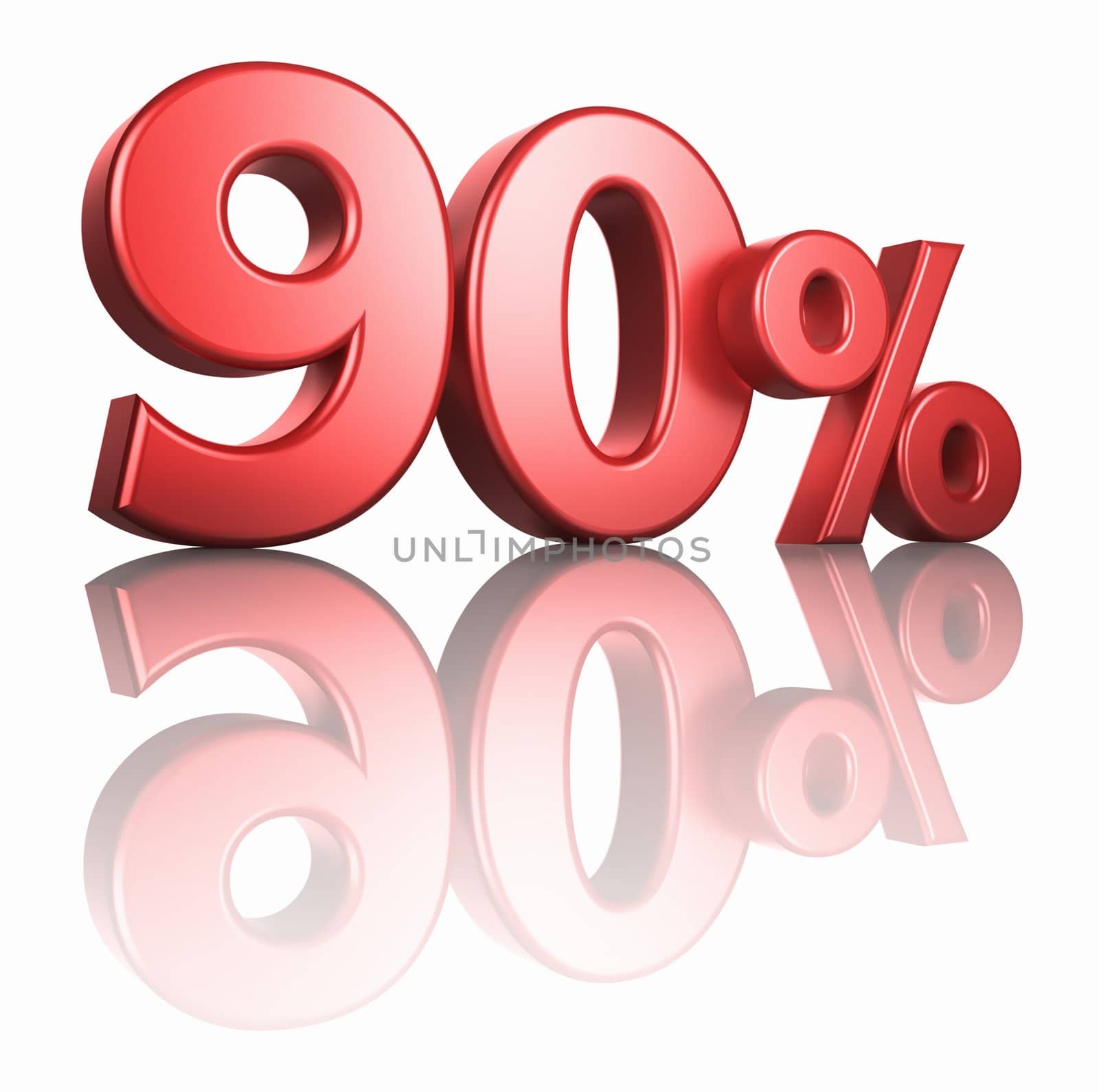 Glossy red ninety percent on white background with mirror floor, 3d render 90%